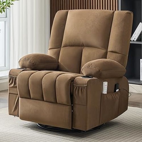 Oversized Recliner Chairs for Adults, 270° Swivel Rocker Recliner with Heat and Massage Lazy Boy Recliner, Recliner Chairs Single Sofa Seat with Cup Holders (Brown, Electric)