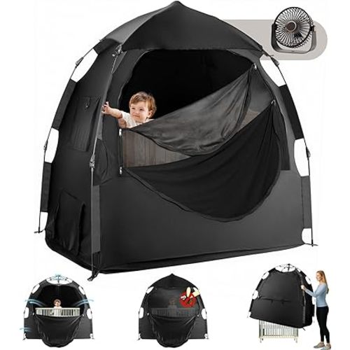 Black Out Tent for Pack and Play,Dual-Use Door Design,Light Blocking & Breathable Baby Blackout Tent,1-Click Setup,Portable Design,for Home&Travel,Included Fan,Peaceful Sleep