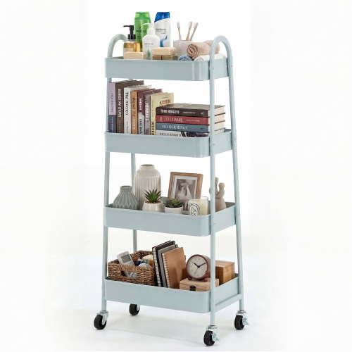 EDX 4-Tier Rolling Cart, 132 lbs Metal Utility Cart Storage Organizer with Lockable Casters, Multi-Functional Mesh Rolling Storage Cart for Kitchen Office, Green