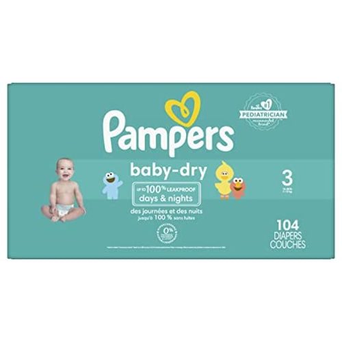 Diapers Size 3, 104 Count - Pampers Baby Dry Disposable Baby Diapers, Super Pack, Packaging & Prints May Vary
