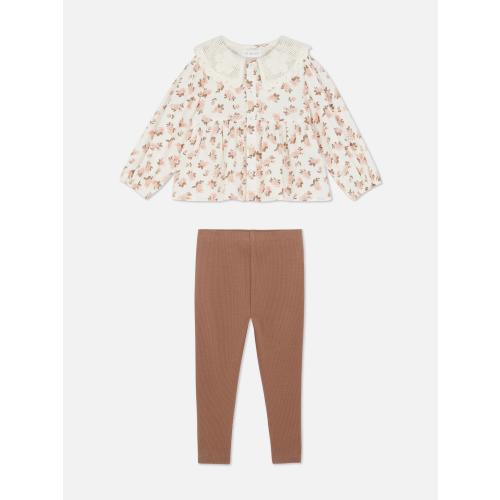 Crochet Collar Floral Blouse and Leggings