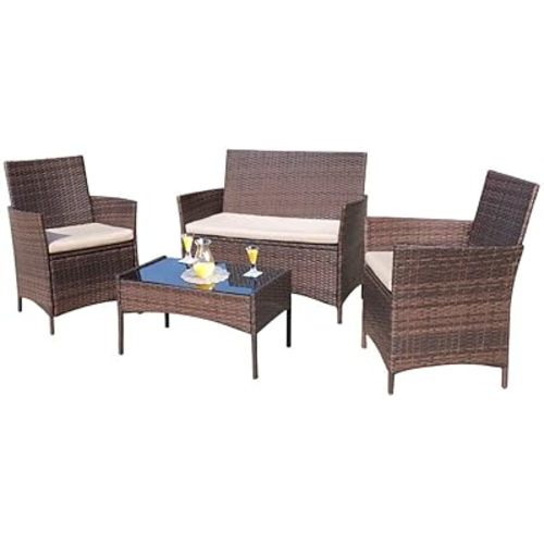 Homall 4 Pieces Outdoor Patio Furniture Sets Rattan Chair Wicker Set,Outdoor Indoor Use Backyard Porch Garden Poolside Balcony Furniture (Brown and Beige)