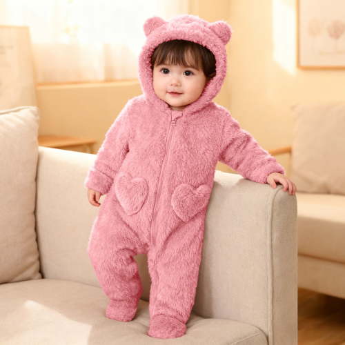 Fluffy Hooded Jumpsuit Long Sleeve Zipper Animal Themed Baby Romper One-Piece Pajama Baby Outerwear for Christmas or Halloween 0-3 Months