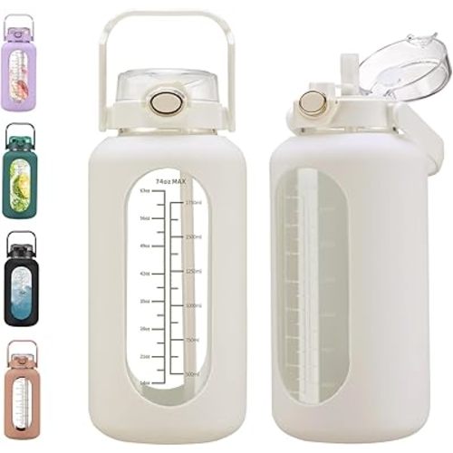 chunmo 74 oz Glass Water Bolttles with Straw Large Motivational Water Bottle with Time Marker Sports Water Bottles with Silicone Sleeve and Handle Lid 2.2L Water Jug for Gym Workout