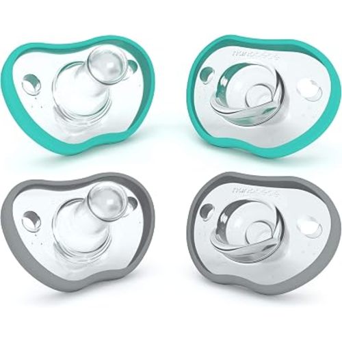 Nanobebe Baby Pacifiers 0-3 Month - Orthodontic, Curves Comfortably with Face Contour, Award Winning for Breastfeeding Babies, 100% Silicone, Baby Registry Gift 4pk,Teal/Grey