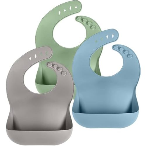 Cuddle Campus Set of 3 Silicone Bibs for Babies & Toddlers,Soft Adjustable Bibs with Pocket Food Catcher for Baby Girl,Boy