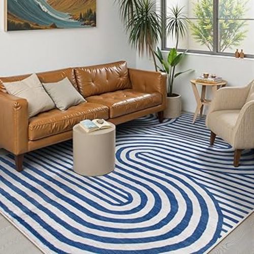 Lahome Modern Washable Area Rugs 5x7, Blue and White Rugs for Bedroom Ultra-Thin Non-Shedding, Abstract Living Room Rugs Stain Resistant Geometric Large Carpet for Kids Room Office Dorm(5'X7',Blue)