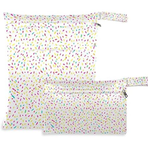 2pcs Waterproof Wet Dry Bags, Reusable Cloth Diaper Wet Dry Bags with Dual Zippered Pockets and Handle for Travel Pool Yoga Gym Clothes and Toiletries, Colorful Sprinkles on White