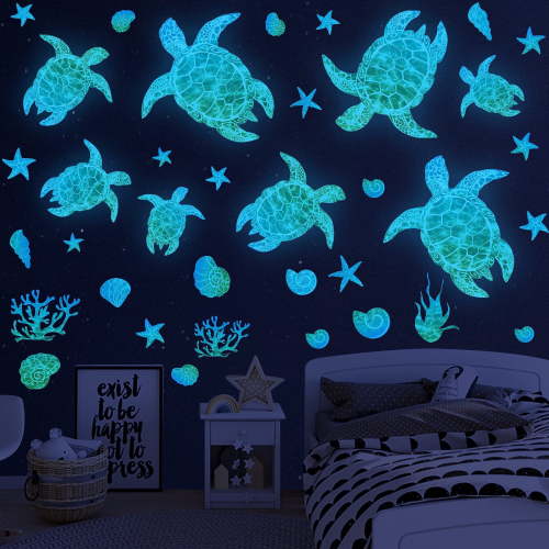 Neasyth Glow in The Dark Sea Turtle Wall Decals Vinyl Ocean Wall Stickers Under The Sea Turtle Room Decor for Bedroom