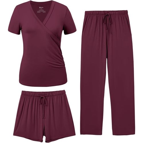 PATPAT 3-Piece Maternity Nursing Pajamas, Pregnancy to Postpartum Breastfeeding Pjs with Pockets, Soft Sleepwear, S-XXL