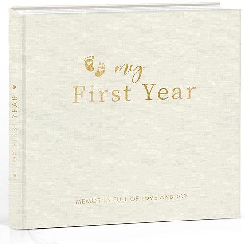 Baby Memory Book for First Year – Beige Linen Keepsake Journal with Stickers – Baby Milestone Record Book & Scrapbook Album – Gender Neutral Baby Gift