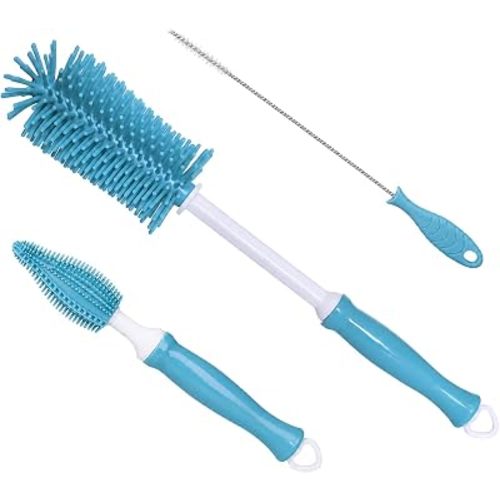 Silicone Bottle Brush Set, 12" Long Handle, Nipple and Straw Brushes