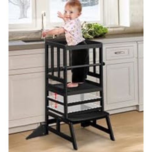COSYLAND Toddler Standing Tower - Adjustable Height Toddler Kitchen Stool Helper - Kids Kitchen Step Stool for Learning with Removable Safety Railing Black