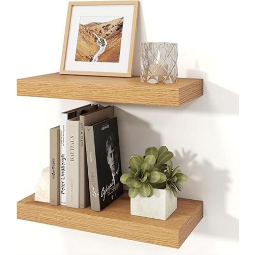 Floating Shelves for Wall, 7.9" Deep Wall Mounted Wood Shelves for Bathroom, Bedroom, Living Room, Kitchen, Hanging Shelf for Books/Storage/Room Decor (Oak, 16")