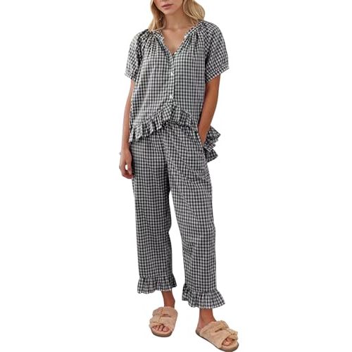 COZYPOIN Womens Gingham Pajama Set 2 Piece Plaid Cotton Pjs Cute Ruffle Sleepwear Maternity Bridesmaid Pajamas Loungewear
