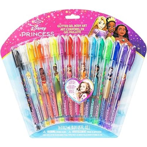 Townley Girl Disney Princess 16 Piece Glitter Pen Body Art Set, Glittery and Bright Colors, Ages 3