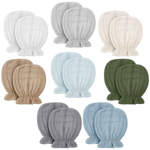 Jeere 8 Pairs Newborn Baby Muslin Mittens 0-6 Months No Scratch Elastic Wrist Soft Breathable Gloves Bulk Cotton for Infant