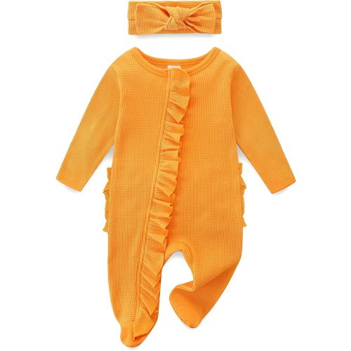 Newborn Baby Girl Ruffle Footie Romper Fall Winter Spring Coming Home Outfit One-piece Knit Jumpsuit with Bow Headband