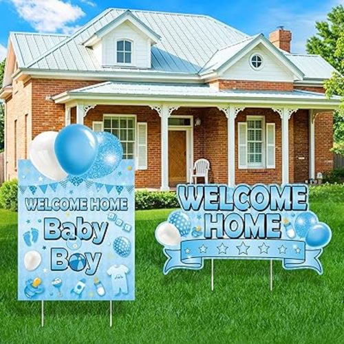 2PCS Welcome Home Baby Boy Yard Sign Decorations, Blue Baby Shower Yard Signs with Stakes It’s a Boy Lawn Sign for Welcome Newborn Gender Reveal Party Yard Garden Outdoor Decor