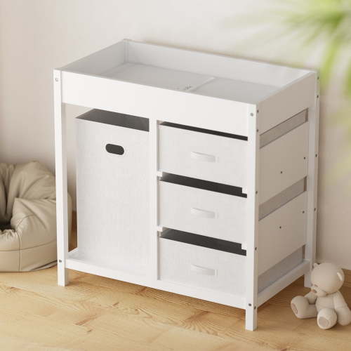 GLAF Baby Changing Table for Nursery - Diaper Changing Station with Laundry Hamper, 3 Storage Drawers, Changing Pad, and Safety Belt, White