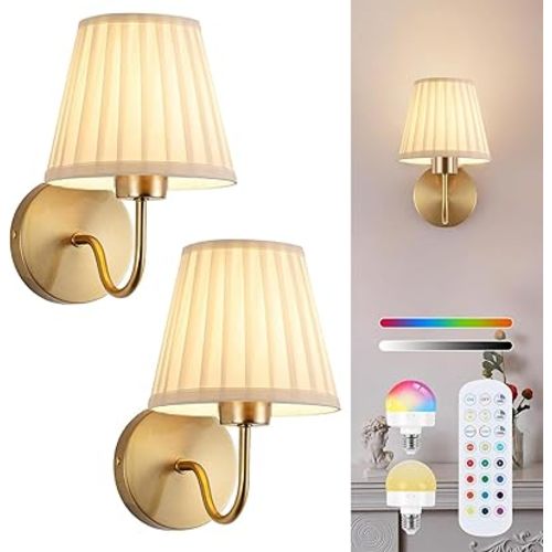 Vintage Battery Operated Wall Sconces Set of 2, Pleated Fabric Shade Gold Wall Lamp with Remote Control, Cordless Rechargeable Wall Sconces Fixtures for Bedroom, Living Room, Beside