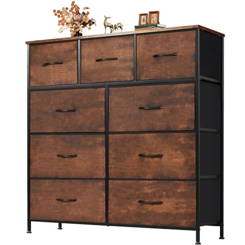 Dresser for Bedroom with 9 Drawers, Anti-Tip Fabric Storage Tower | Wood Top and Metal Frame Organizer for Clothes, Closet, Entryway, Hallway Furniture, Brown