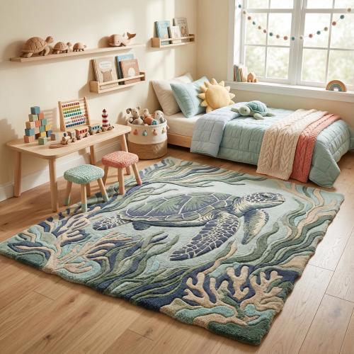 Sea Turtle Ocean Wool Rug, Blue Green Hand Tufted Coastal Nautical Area Rugs