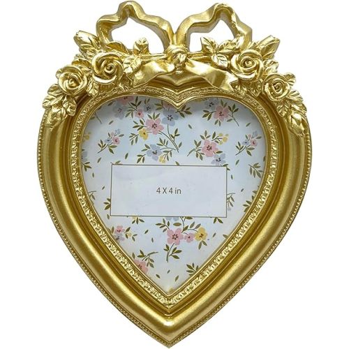 Cute Picture Frame with Heart Shape,Hand-Crafted Resin Vintage Ornate Style Picture Frames for Wall or Tabletop Display, Antique Gold 4x4 Inch Resin Photo Frame for Home Décor