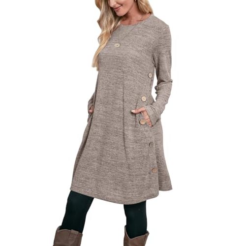 OFEEFAN Long Sleeve Dress for Women Crew Neck Tunic Dress with Pockets Buttons Side