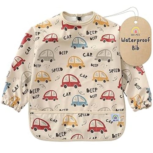 Waterproof Long Sleeve Baby Bib for Eating-Cars Pattern, Small-Toddler Smock with Catch-All Pocket, BPA Free, Machine Washable, Wearable Feeding Bib for Boys & Girls 6-72 Months