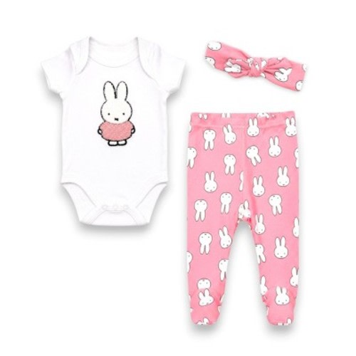 Miffy Baby Girls’ 3-Piece Soft Bodysuit, Footed Pants & Headband Layette Set, White/Pink-Bunnies, Newborn