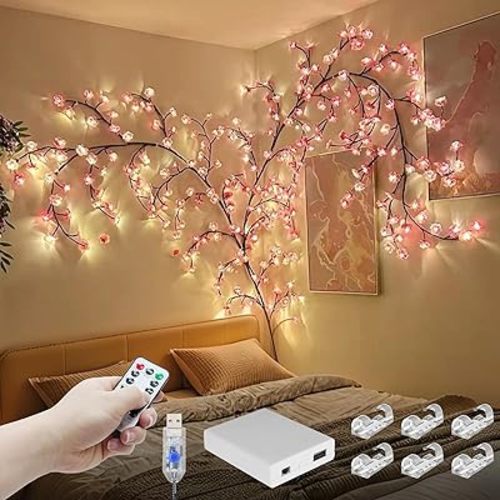 Cherry Enchanted Willow Vine Lights, 4FT 48LED Pink Cherry Blossom Tree Branch Lights for Wall, Remote Timer,8 Light Model,Bedroom Wall Doors Wedding, Christmas, USB Battery Box