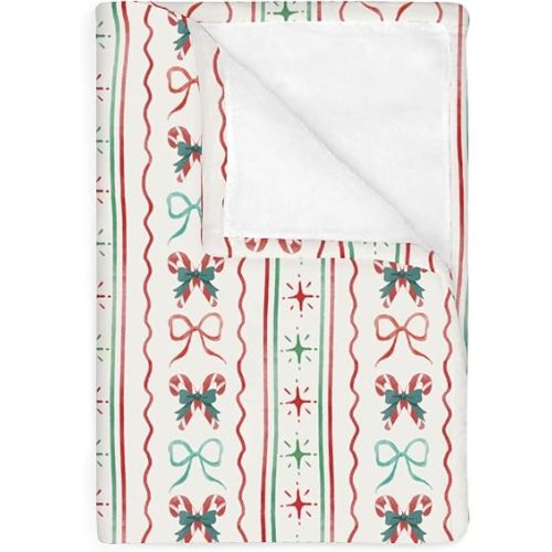 Red and Green Christmas Candy Stripes Bows Baby Blankets for Boy Girl Winter Christmas Ribbon Soft Flannel Nursery Bed Blankets for Infant Toddler Crib Festive Holiday Swaddle Blanket 30x40inch