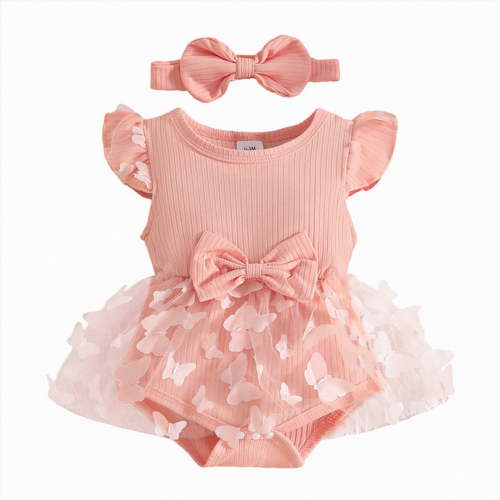 TAmten 3 Month Baby Girl Clothes Newborn Baby Girl 1st Birthday Outfit Lace Tulle Romper Dress with Floral Headband Cake Smash Photo(Pink,12-18 Months)