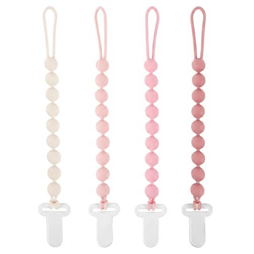 MINMUNJIU Pacifier Clips Baby Girl, 4 Pack One Piece Flexible Soft Binky Clips Silicone Pacifier Holder Clip for Girls, Baby Girl Newborn Essentials