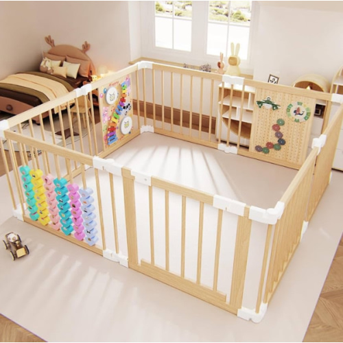 Baby Playpen - Adjustable Multi-Shape Wooden Play Yard, Portable Collapsible Activity Center with Baby Fence Play Area & Toys for Infants, Toddlers (56x56x24inch