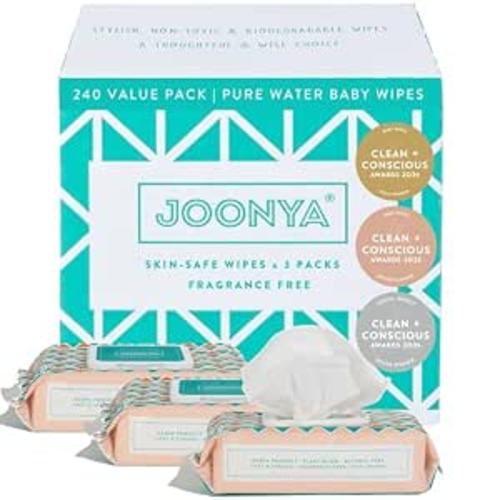 JOONYA Unscented Baby Wipes — Plant-Based, Fragrance-Free Bulk Diaper Wipes | Hypoallergenic, Non-Toxic & Biodegradable Wet Wipes for Sensitive Newborn Skin | 3 Packs of 80 (240 Total)