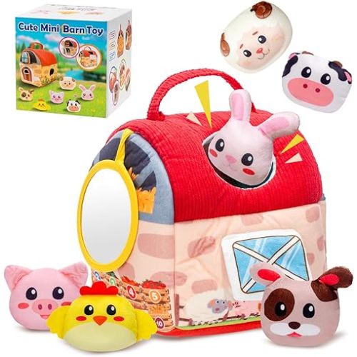 Baby Toys 6-12 Months, Montessori Sensory Newborn Toys, Stuffed Farm Animals with Rattle, Mirror, Crinkle Paper, Gift for 6-12 12-18 Months 1-3 Year Old Toddlers Boys Girls