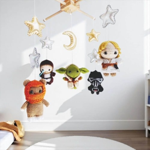 Star Wars Baby Mobile: Crocheted Characters, Teak Hanger
