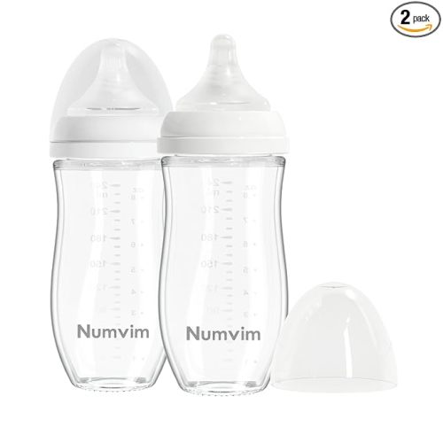 Numvim Glass Baby Bottle Gentle & Extra Slow Flow, Breastfeeding Bottle with Anti Colic Nipple for 3 Months Babies, Includes M Nipples, (8Oz, 2 Packs)