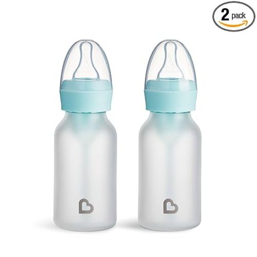 Munchkin Bond Silicone Coated Glass Baby Bottles - Anti-Colic Feeding System with Natural Feel Nipples, 4 Ounce, 2 Pack, Blue