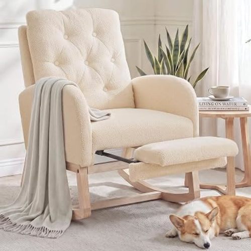 NIOIIKIT Upholstered Nursery Rocking Glider Chair with Ottoman, Beige Teddy