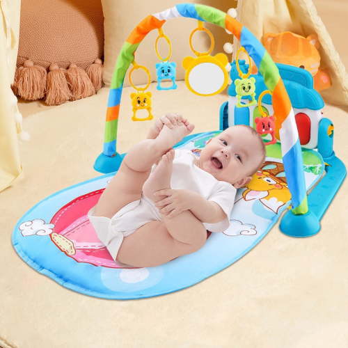 IMossad Piano Play Mat Activity Gym 28.3x18.5in Soft Washable Baby Playmat with Removable Gym Stand & 5 Linkable Toys Music Lights Multi-Mode Play