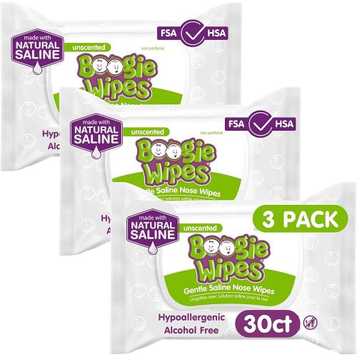 Boogie Wipes, Saline Wipes for Baby & Kids, Nose Booger Wipes for Allergy Relief, Face, Hand & Body, Made with Vitamin E, Aloe and Natural Saline, Unscented, 30 Count (Pack of 3)