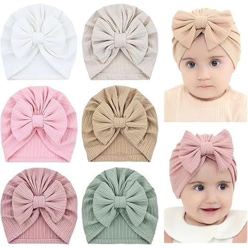 Cinaci 6 Pack Soft Turban Hats with Bow Donut Nursery Hospital Caps Beanies Bonnets for Baby Girls Newborns Infants Toddlers