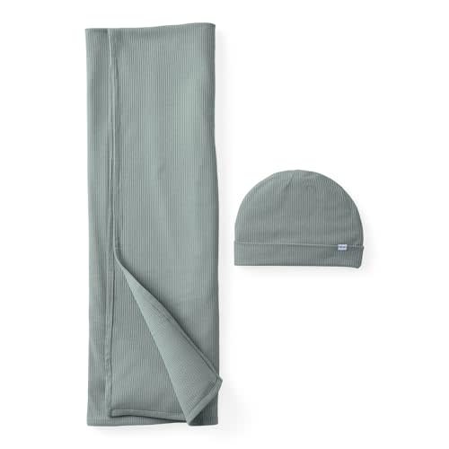 Little Sleepies Swaddle & Beanie Set, Viscose from Bamboo Baby Swaddle Blanket Wrap Unisex Newborn Hospital Outfit (Willow Ribbed)