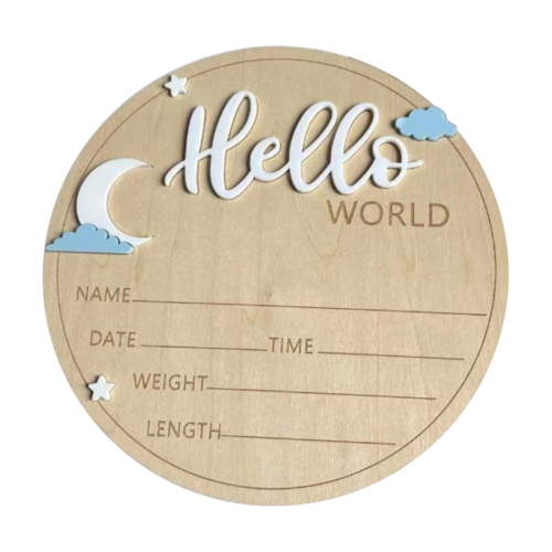 Hello World Wooden Birth Announcement Sign, Custom Baby Name and Date Keepsake, Newborn Welcome Plaque for Nursery Decor