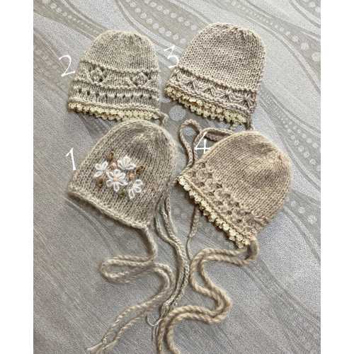 Hand Knit Mohair Bonnet: Newborn Flower Embroidery, Lace Trim