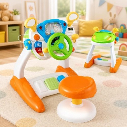 Kids Steering Wheel Toy Set with Stool, Lights and Sounds, Pretend Driving Toy, Ages 3+