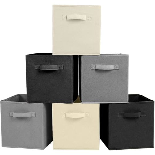 ShellKingdom Foldable Fabric Storage Cubes - Cloth Organizer Drawer for Closet & Toys, 6 Pack (Black, Beige, Grey)